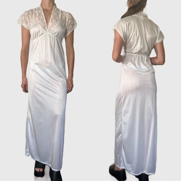 Vintage 80s White Slip, 1980s Lace Nightgown Dress - Picture 1 of 10